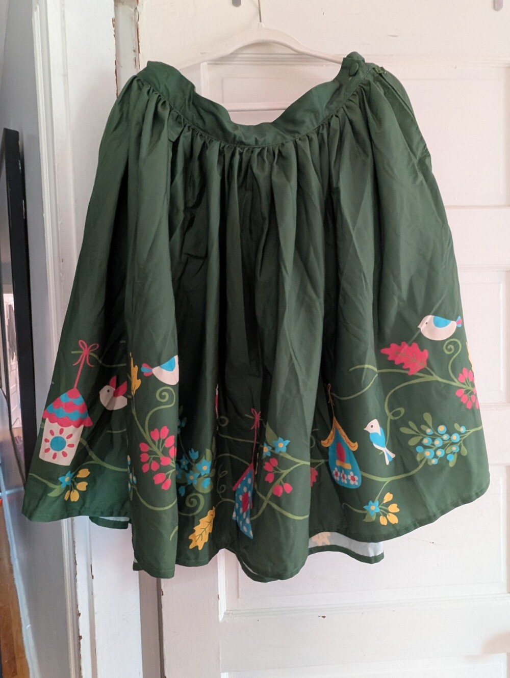 Unique Vintage Forest Green Circle Skirt with Bird & Floral Border